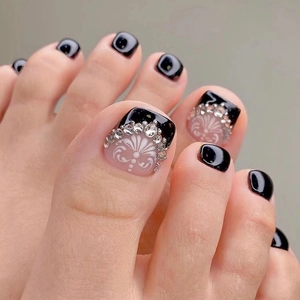 Black French Press On Toenails White Floral Rhinestone Glossy Artificial Fake Toe Nails For Women Nail Art Decor