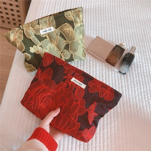 Detail of vintage floral embroidered cosmetic bag with elegant 3D relief flower patterns
