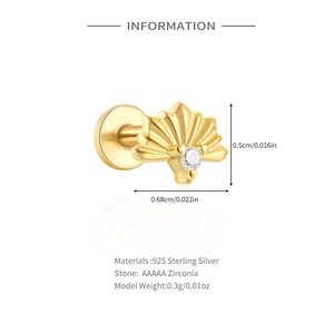 Detail view of a 925 sterling silver fan earring with zircon and dimension labels
