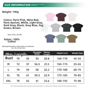 Size chart for 190g 100% cotton oversize t-shirt with measurements and washing guide