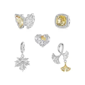 S925 Argent Sterling Feuille de Ginkgo Papillon Feuille d'érable Coeur Charms Bicolore Plaqué Or Zirconia DIY Pendentifs