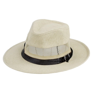 Beige straw fedora sun hat with breathable mesh crown and black faux leather belt band
