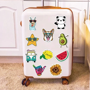 100pcs waterproof VSCO aesthetic stickers featuring cute animals and food on a white suitcase
