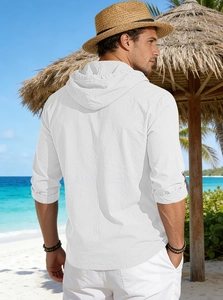 Men's white cotton hooded shirt back view on a sunny beach vacation setting