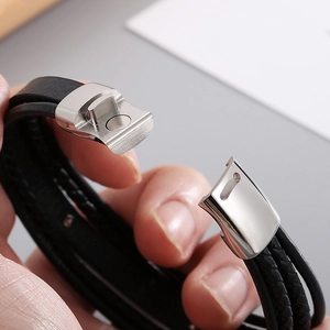 Men's multilayer black braided leather bracelet with silver magnetic metal clasp