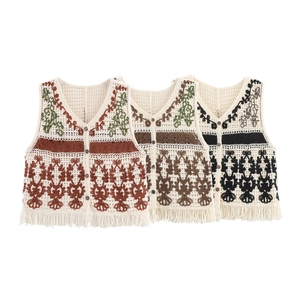 Bohemian Floral Crochet Knit Vest Sleeveless V-Neck Hollow Out Waistcoat With Tassels Retro Ethnic Button Down Top For Women