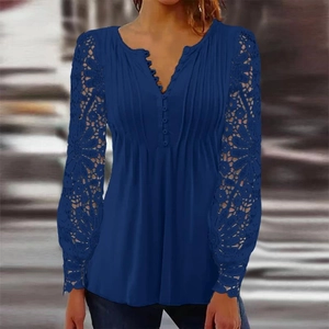 Women's dark blue long sleeve shirt with floral lace sleeves and V-neck button detail