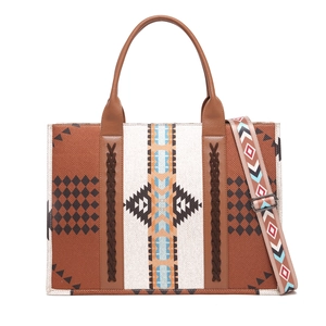 Detail view of ethnic canvas tote bag featuring geometric patterns and adjustable strap