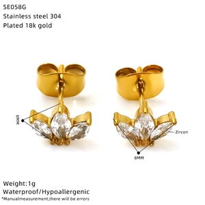 Detail specifications of gold floral stud earrings with zircon and 18k gold plating