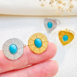 French vintage titanium steel ring with turquoise stone in heart and round shapes