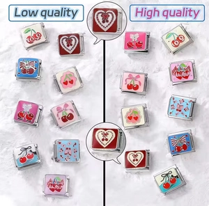 Macro comparison showing high quality details of modular enamel charms and metal links