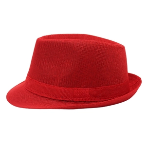 Detail shot of the red trilby hat showing the coarse woven texture and matching hatband