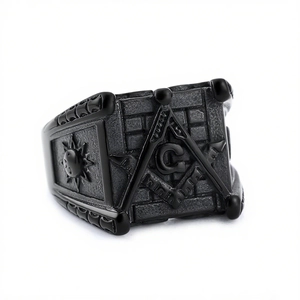 Retro Masonic ring with moon sun symbols and black stainless steel finish in 45-degree angle