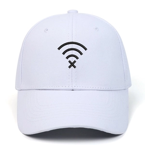Classic white cotton baseball cap with black WiFi signal embroidery and curved brim