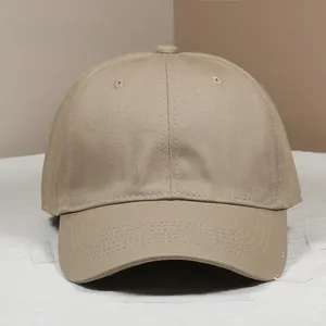 Close-up of khaki cotton twill baseball cap fabric texture and reinforced stitching