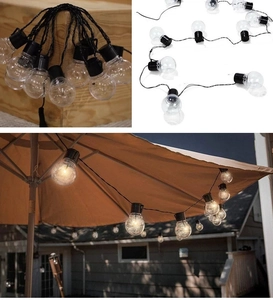G40 solar globe lights with clear bulbs shown in versatile outdoor settings