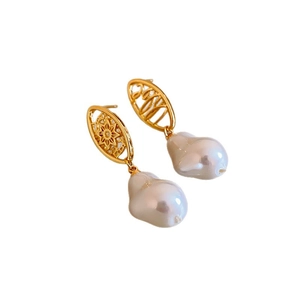 French vintage gold hollow stud earrings featuring natural baroque pearl drops
