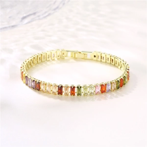 Colorful Zircon Bracelet For Women Gold Plated Copper Hip Hop Fashion Rectangular Multicolored Stones Jewelry