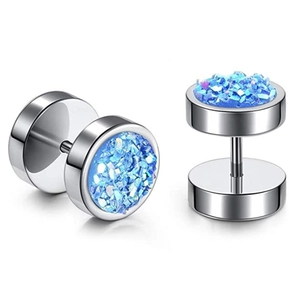 Detailed view of silver barbell earrings featuring radiant light blue druzy crystals
