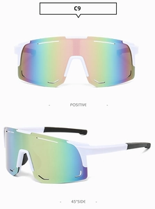 Detail of C9 sports sunglasses with white frame and iridescent mirrored lens from two angles
