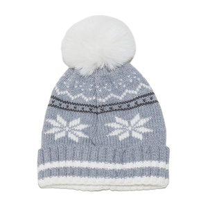Close-up of winter knit beanie featuring Nordic snowflake patterns and a soft faux fur pompom