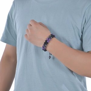 Double-layer 8mm amethyst and magnetic beads bracelet with adjustable drawcord