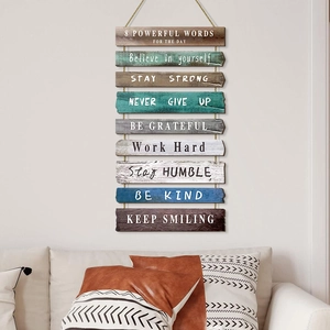 Inspirational wooden wall decor set with nine plaques on jute rope for room hanging