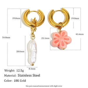 Asymmetric 18K gold plated flower and pearl drop earrings with size measurements
