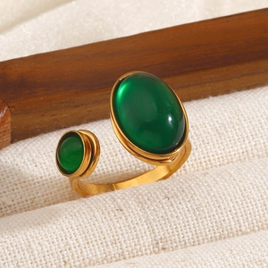 Women Stainless Steel Open Adjustable Ring Vintage Geometric Oval Bypass Design Faux Emerald Green Tiger Eye Jewelry