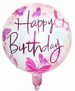 Detail of laser pink butterfly foil balloon with Happy Birthday text for party decor