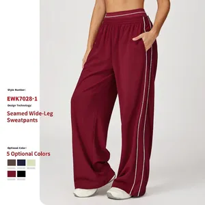 Pantalon De Sport Femme Taille Haute Jambe Large Mélange De Coton Droit Ample Rayure Latérale Taille Élastique Cordon