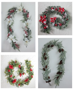 Detail view of four Christmas garland styles with pine needles, berries and cones