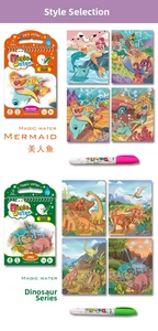 Detail view of water coloring books with mermaid and dinosaur themes and magic pens