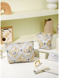 Floral jacquard cosmetic bag set with sunflower pattern and durable metal zipper