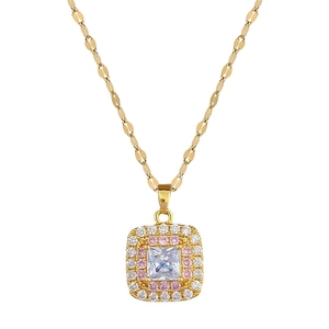 Luxurious gold-plated titanium steel necklace with square cubic zirconia pendant