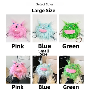 Plush monster crossbody bags in pink, blue, green colors showing small and large size options