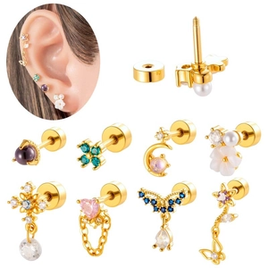 Stainless Steel Zircon Cartilage Piercing Earring Heart Moon Star Flower Micro Pave Stud Flat Back Screw Body Jewelry