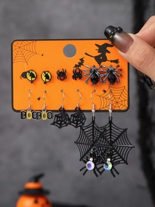 Detailed close-up of 6-pair Halloween earrings set featuring spiders, bats, and webs