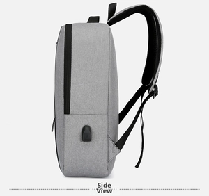 Detailed side view of grey business backpack showing USB charging port and padded straps