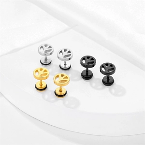 Three pairs of geometric peace sign stud earrings in silver, black, and gold stainless steel