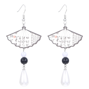 Detailed view of Chinese fan earrings with calligraphy and water drop pearl pendants