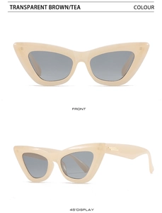 Detail view of transparent brown cat eye sunglasses with front and 45-degree angle display