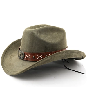 Chapeau de cowboy vintage en daim vert olive avec bande en cuir et boucle taureau