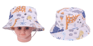 Detail of white kids sun hat featuring colorful dinosaur prints and adjustable chin strap