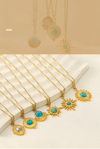 Detail of 18K gold stainless steel necklaces with turquoise and starburst pendants
