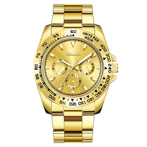 Luxury gold quartz chronograph watch with luminous steel band and tachymeter dial