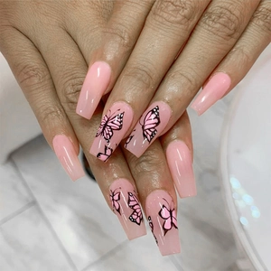 Press On Nails Long Coffin Nude Pink Butterfly Pattern Glossy Full Cover Artificial False Fingernails For Women