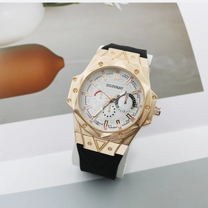 Men's stylish gold polygonal quartz watch with black silicone strap and white dial