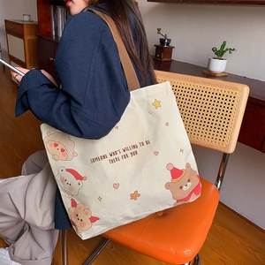 Large beige canvas shoulder bag with cute cartoon bear prints and brown strap