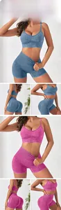 Detailed views of seamless ribbed high-waisted shorts and sports bra yoga set